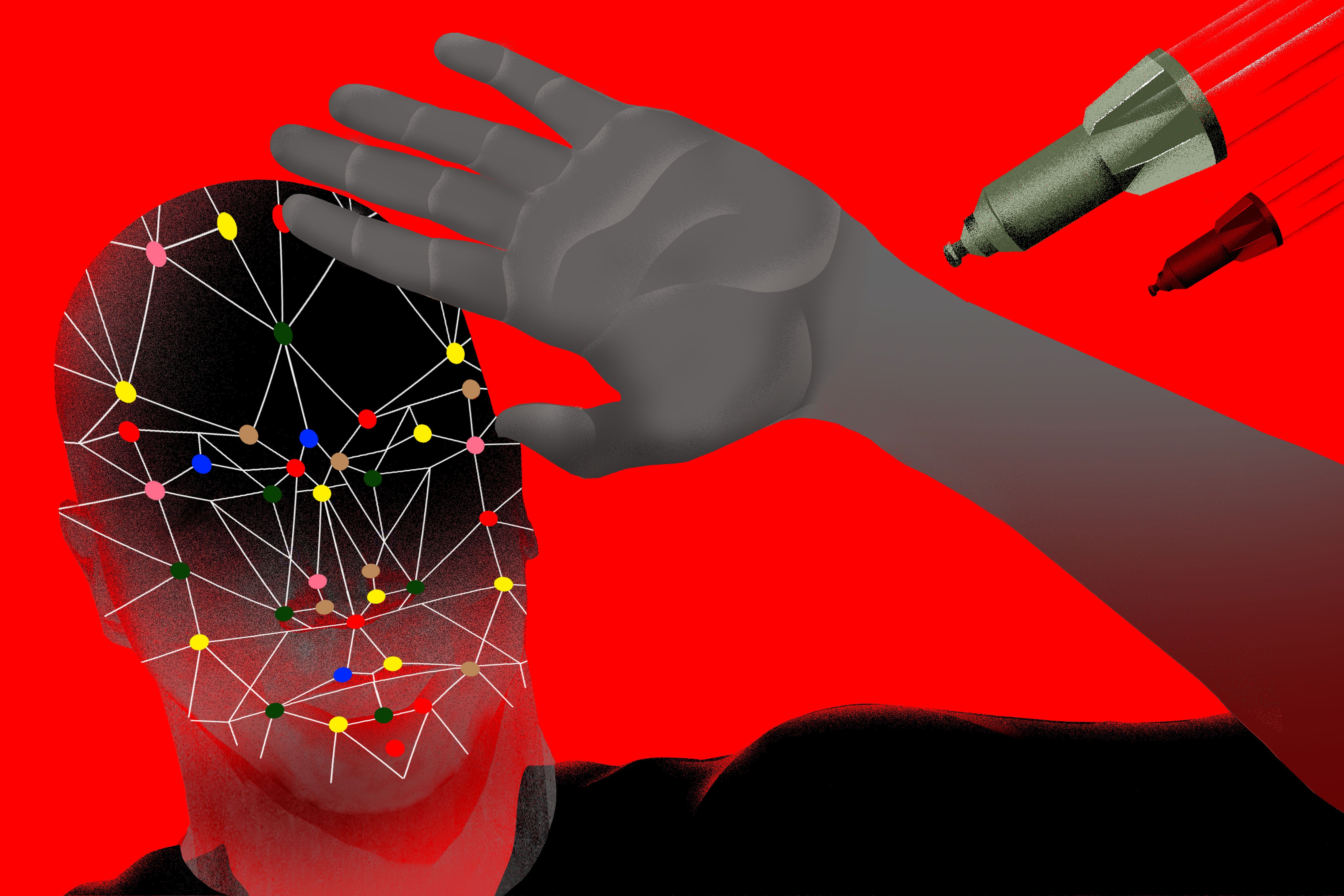 Illustration of a person shielding their face from oncoming autonomous weapons