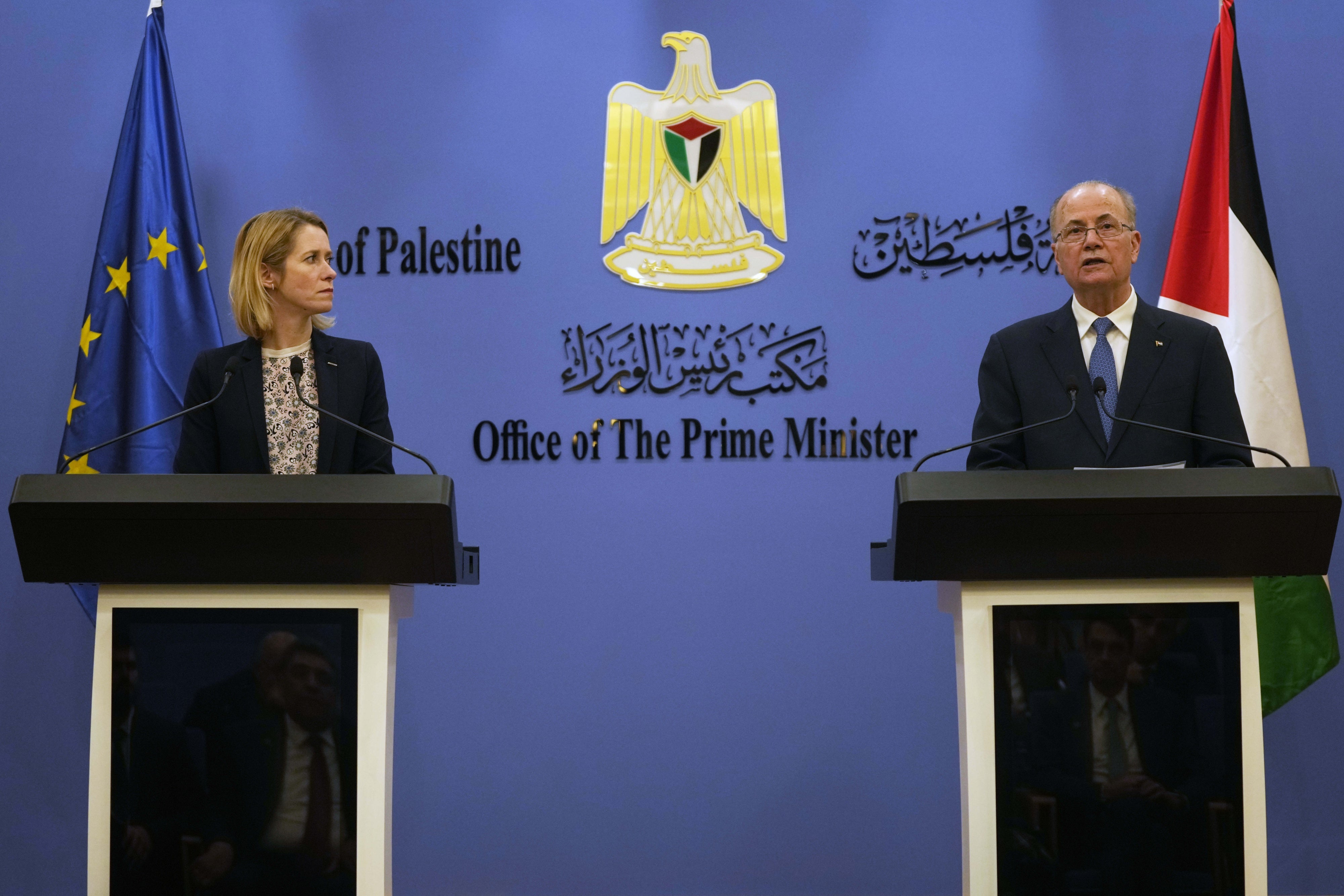 European Union's foreign policy chief Kaja Kallas (L) and Palestinian Prime Minister Mohammad Mustafa at a press conference following their meeting in Ramallah in the occupied West Bank, March 24, 2025.