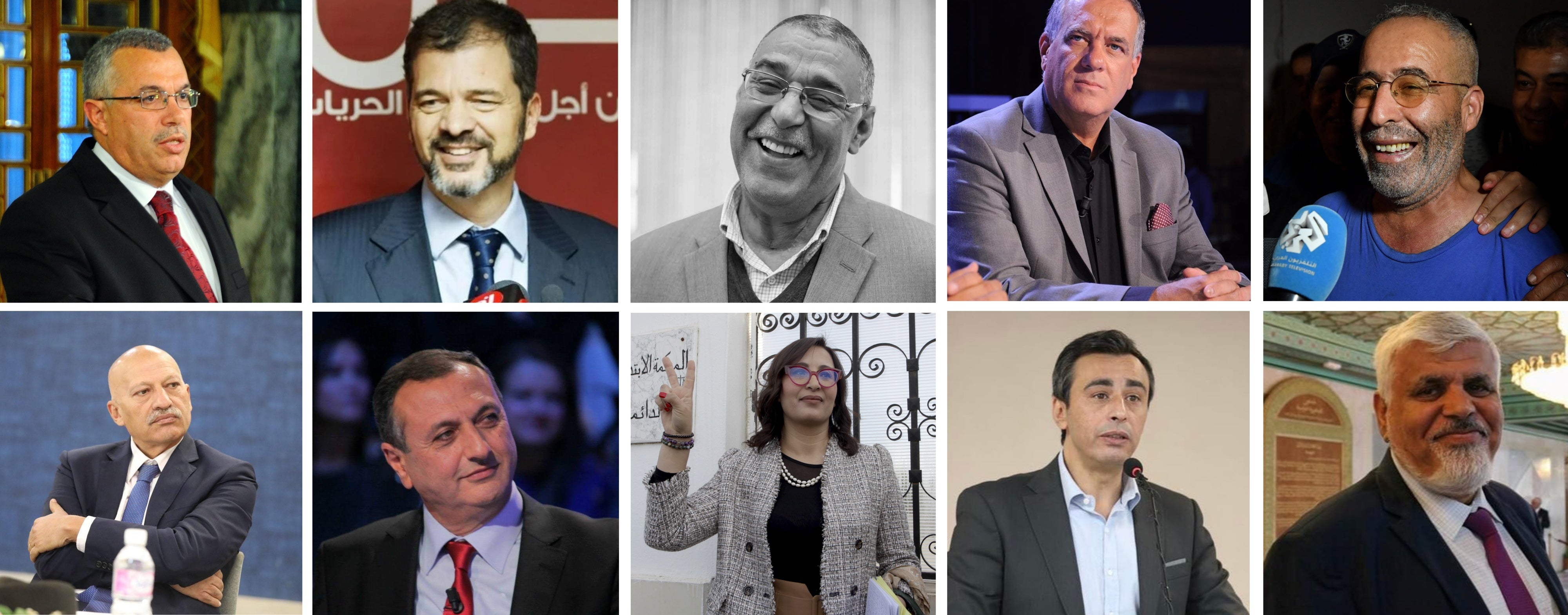 Several of the people tried and convicted in the “Conspiracy Case” on April 19, 2025, in Tunis, Tunisia. Top row (L-R): Noureddine Bhiri, Khayam Turki, Abdelhamid Jelassi, Ghazi Chaouachi, and Lazhar Akremi. Bottom row (L-R): Ridha Belhaj, Issam Chebbi, Chaima Issa, Jaouhar Ben Mbarek and Said Ferjani. 