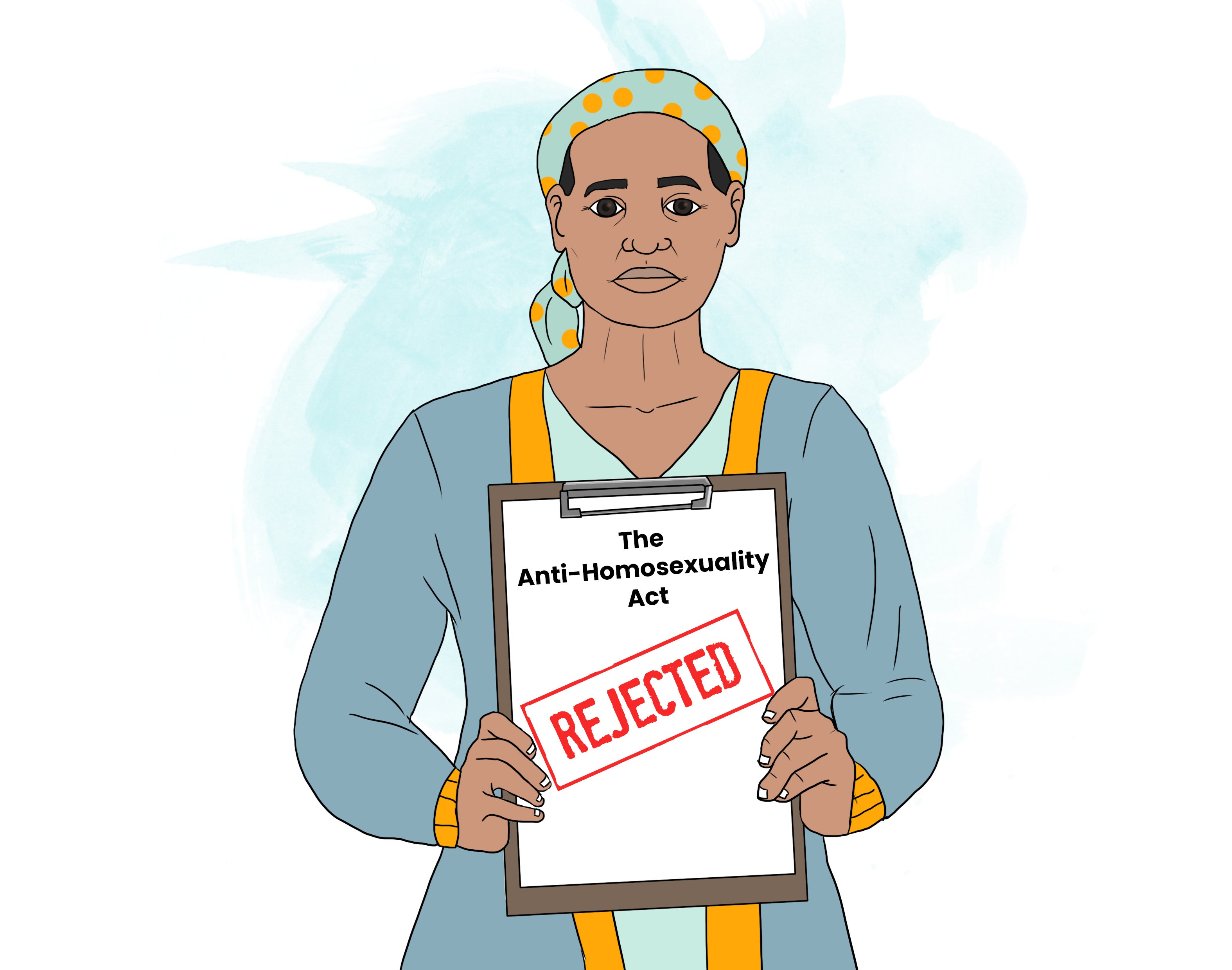 A woman holds up a document with a "rejected" stamp on it