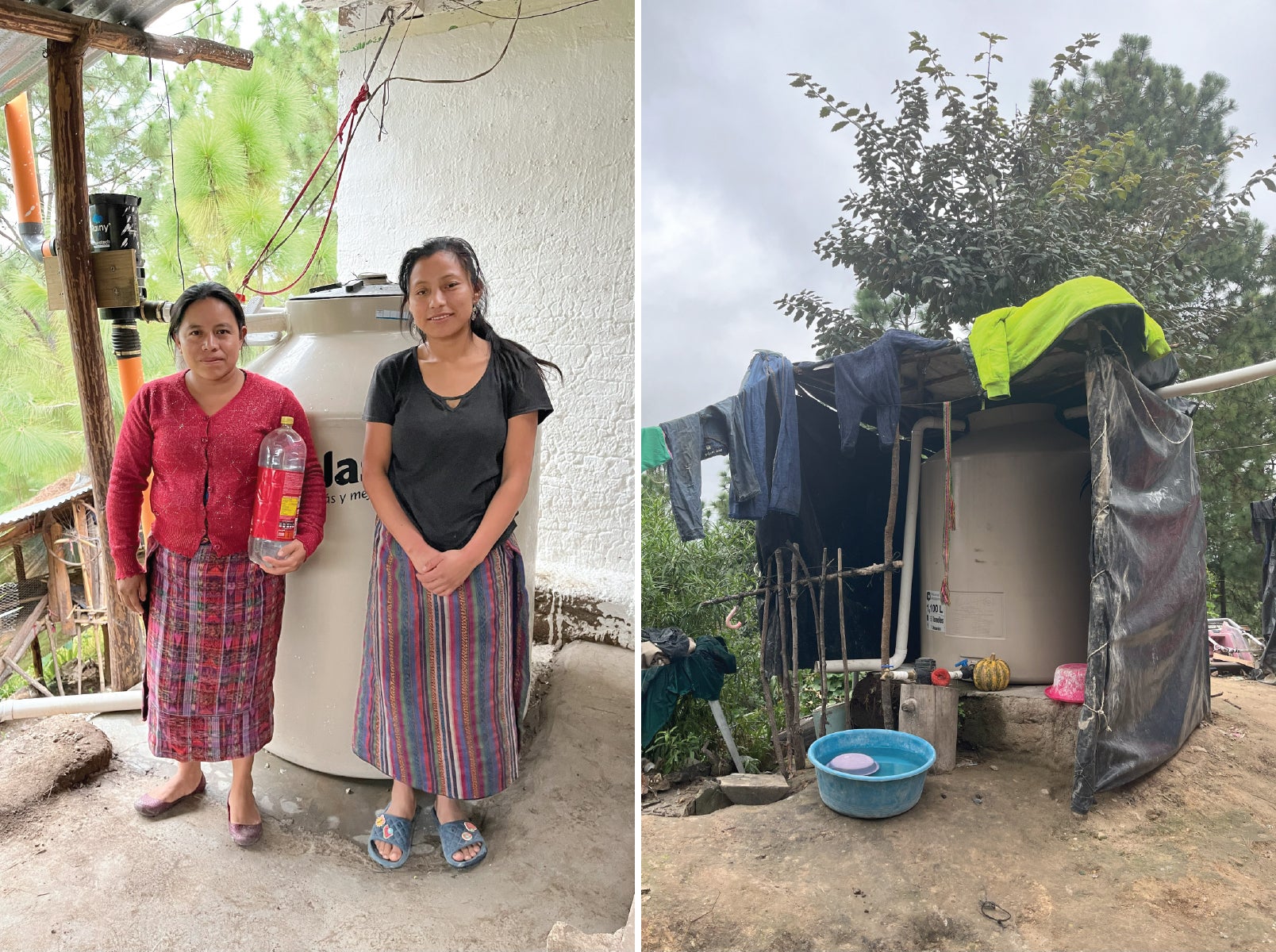 Left: 2 women pose in front of a cistern. Right: A cistern 
