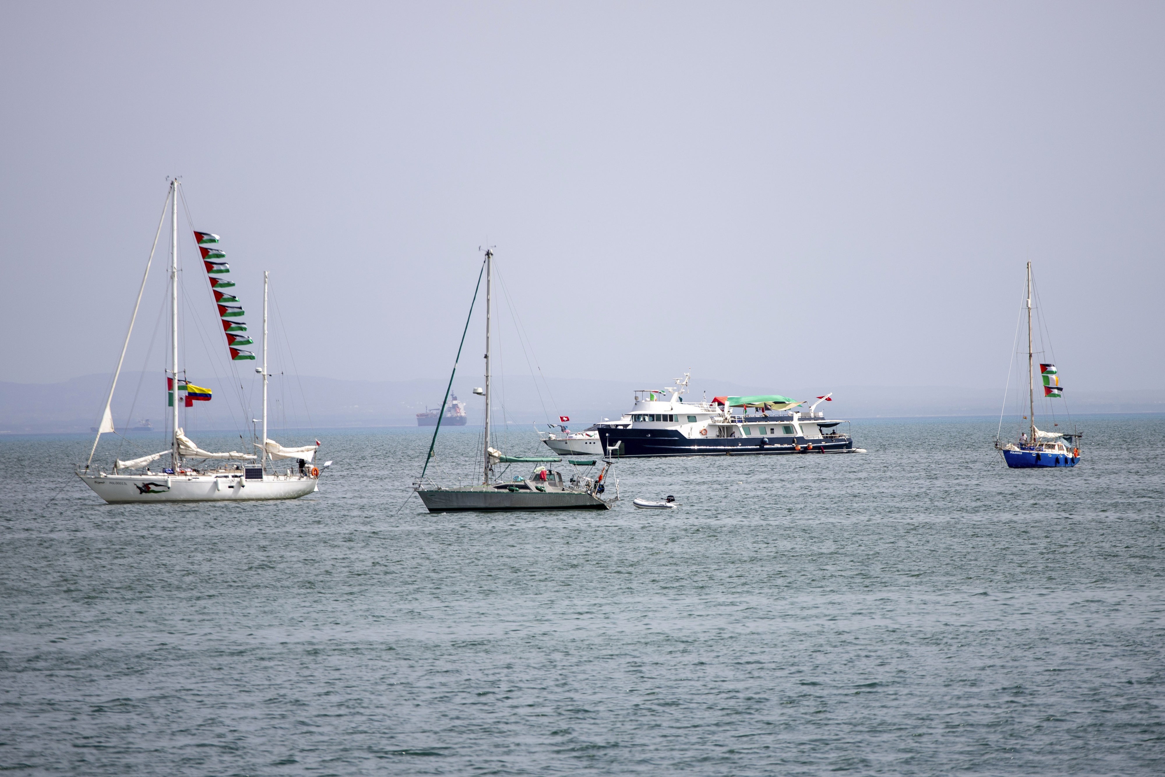 Ships that are part of the Global Sumud Flotilla heading to Gaza are anchored off the coast of Sidi Bou Said in Tunis, Tunisia, September 9, 2025. 