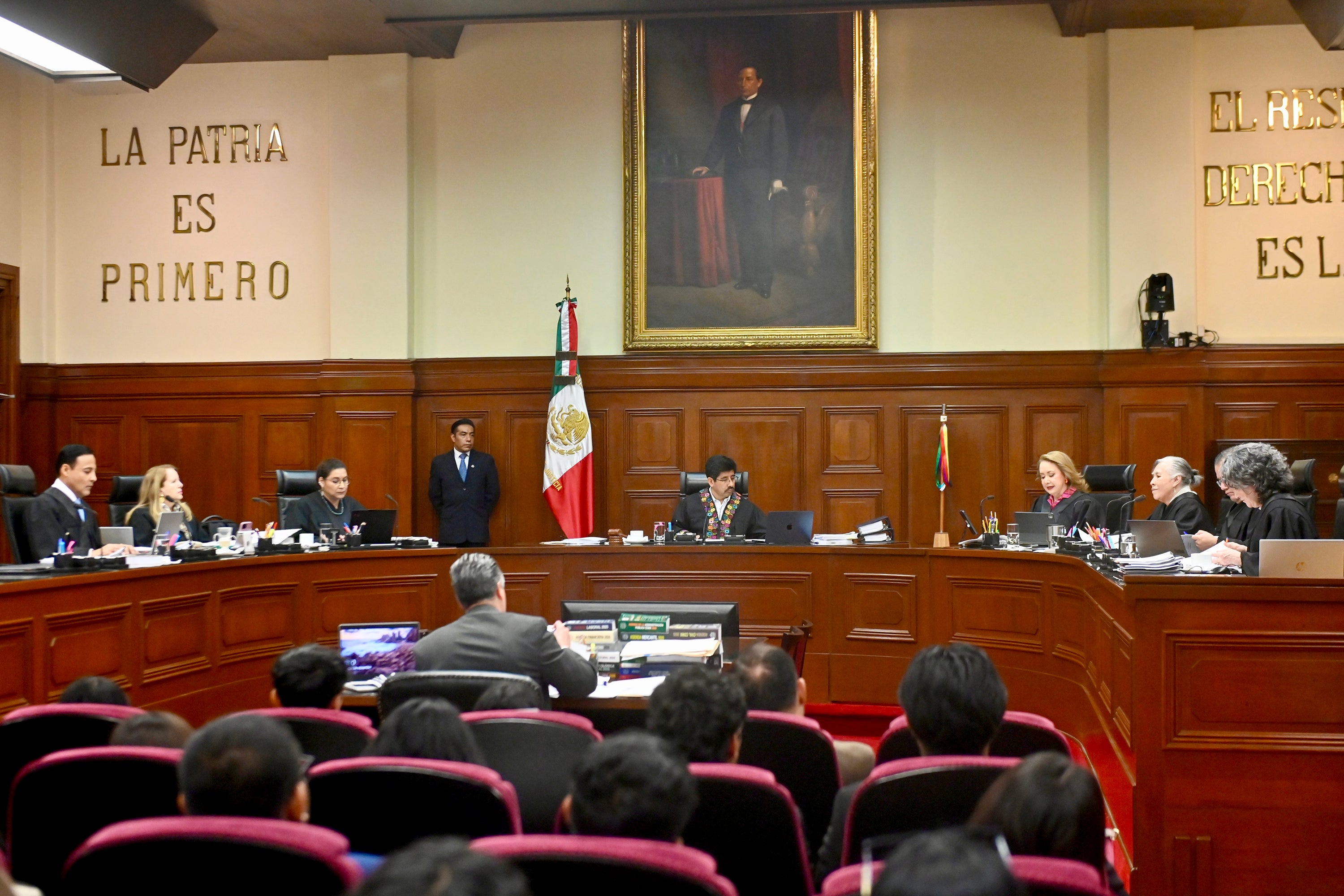 Justices Giovanni Azael Figueroa Mejia, Loretta Ortiz Ahlf, Lenia Batres Guadarrama, Hugo Aguilar Ortiz, Yasmin Esquivel Mossa, Maria Estela Rios Gonzalez, Irving Espinosa Betanzo, and Sara Irene Herrerias Guerrera during the first official session of the Mexican Supreme Court at Supreme Court building on September 10, 2025 in Mexico City, Mexico.