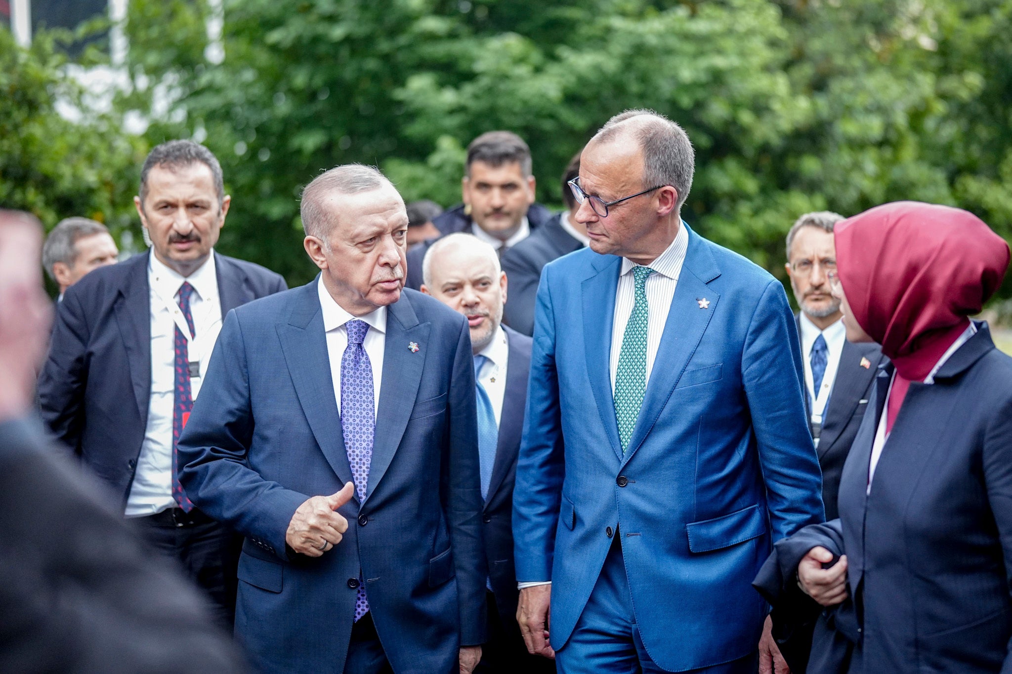 German Chancellor Friedrich Merz and President Recep Tayyip Erdoğan arrive at the European Political Community summit, May 16, 2025.