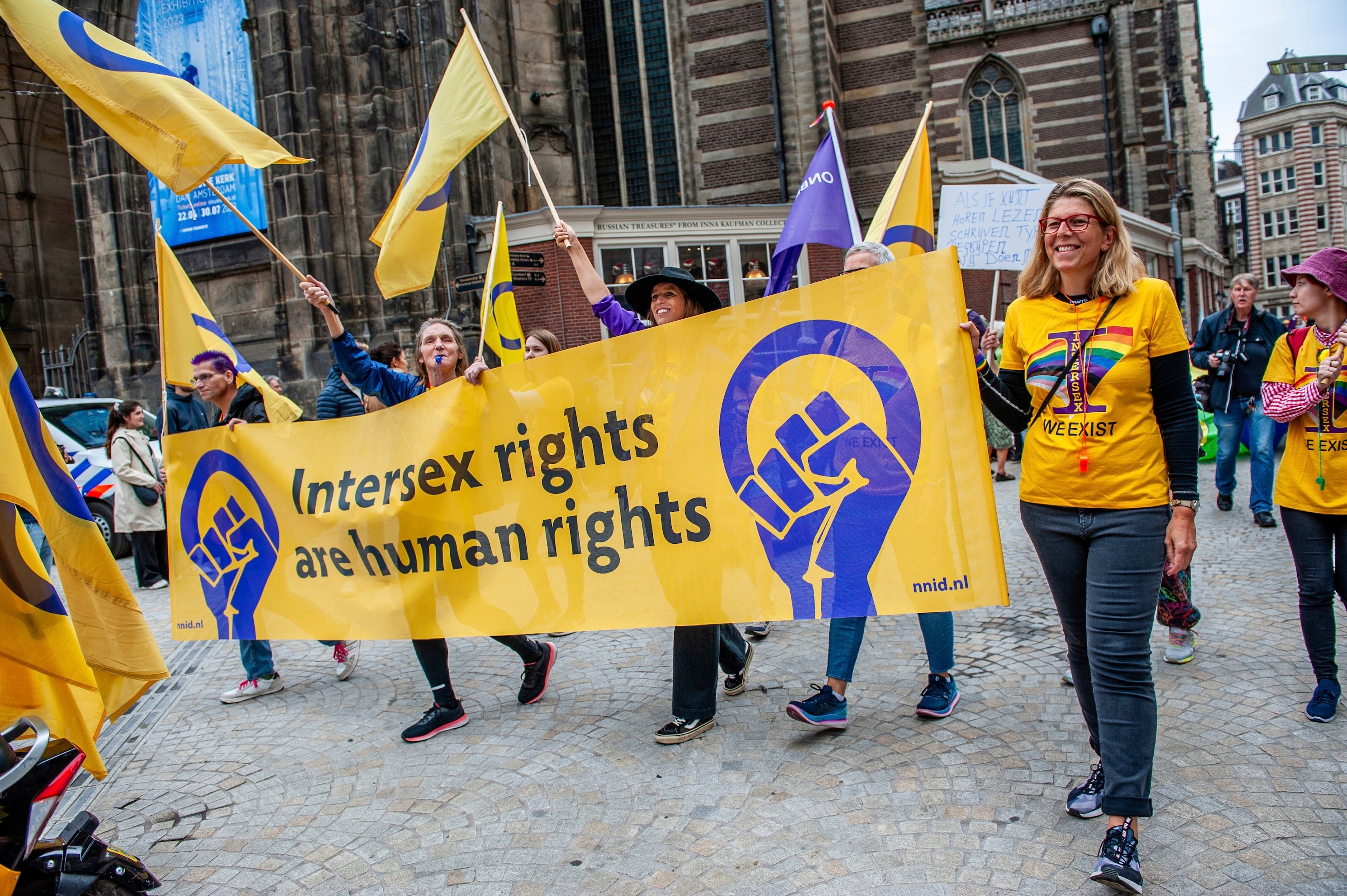 Marchers carry a banner in support of intersex rights in Amsterdam, Netherlands.