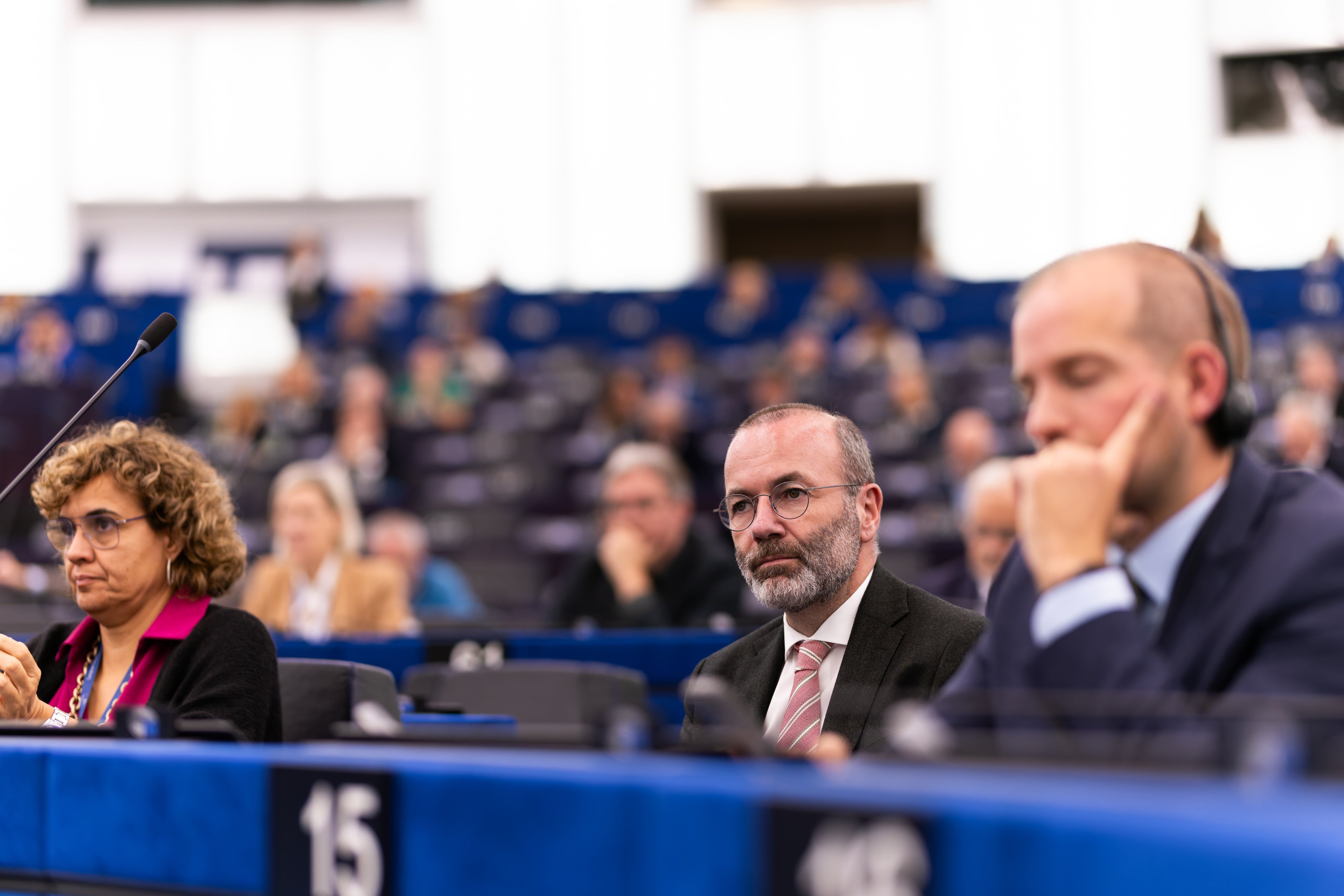 Chairman of the EPP Group, Manfred Weber (C), during a plenary session of the European Parliament in Strasbourg, France, October 6, 2025.