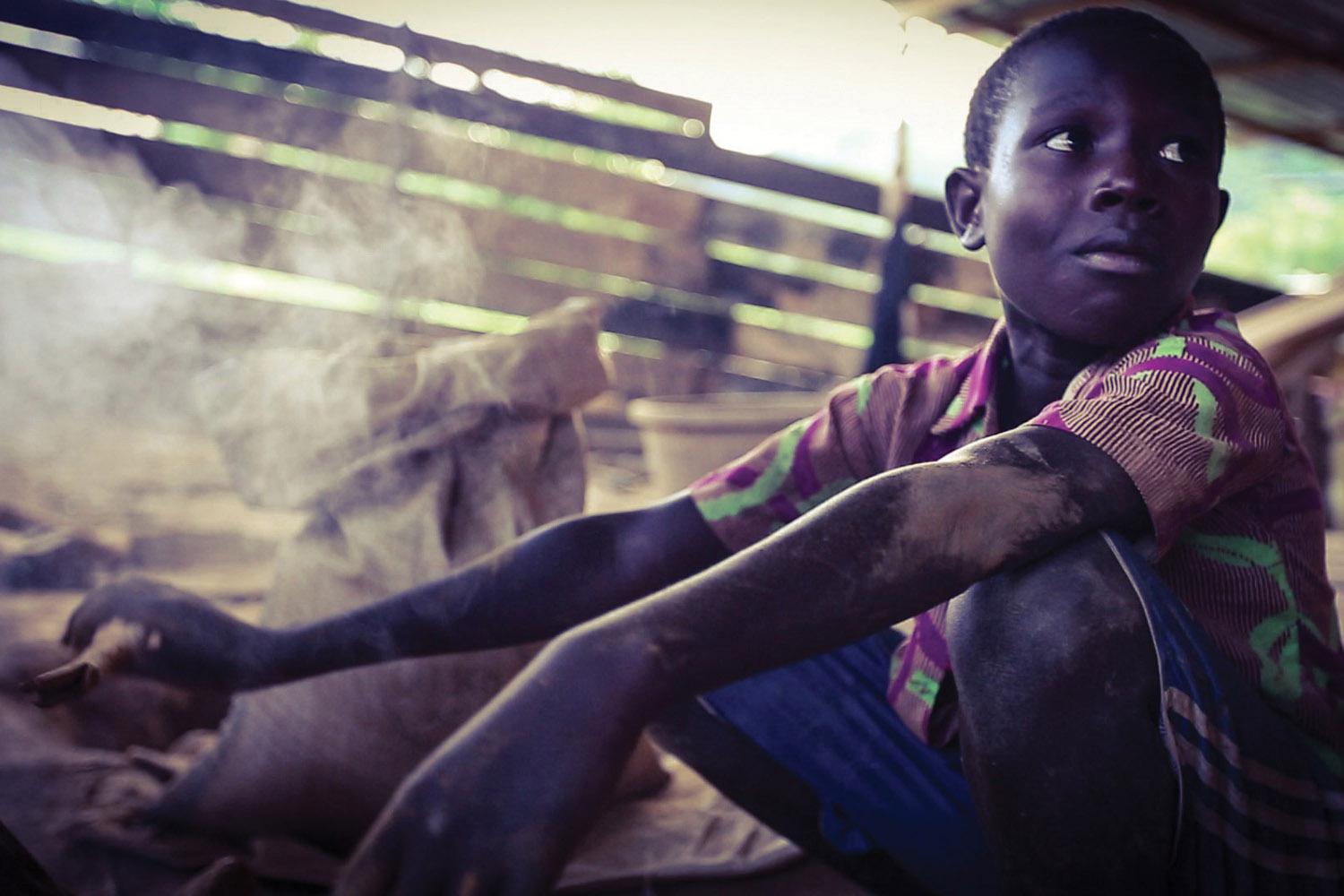 A 13-year-old boy works in artisanal and small-scale gold mining in Obuasi. He dropped out of school at the age of 12 and would like to continue his education.