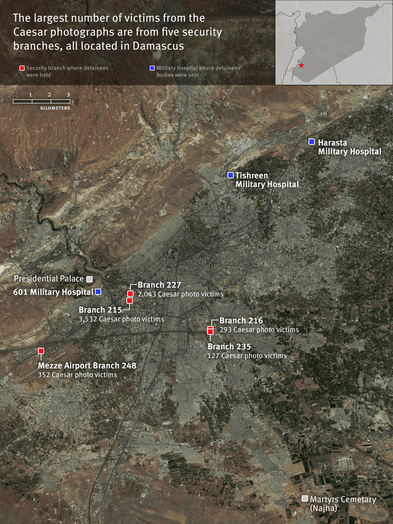 地图显示“凯撒”拍摄大部分照片的5间拘留所位置。