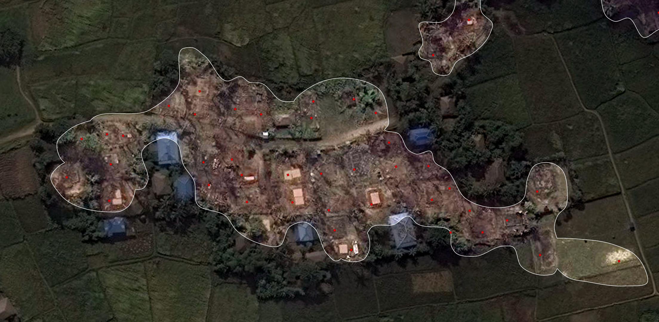 Building destruction in the village of Kyet Yoe Pyin, Maungdaw District Post-destruction satellite image recorded on 10 November 2016 - Destroyed buildings annotated in red 