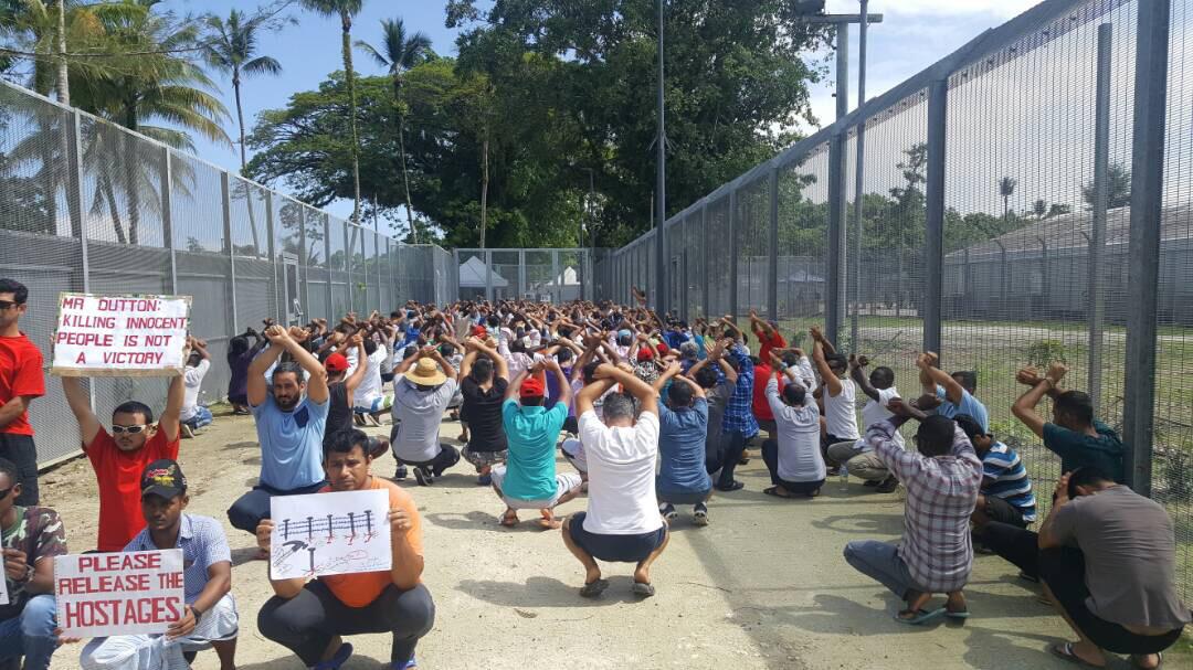 Refugees and asylum seekers protest against Australia’s offshore processing policy at a detention center on Manus Island, Papua New Guinea.