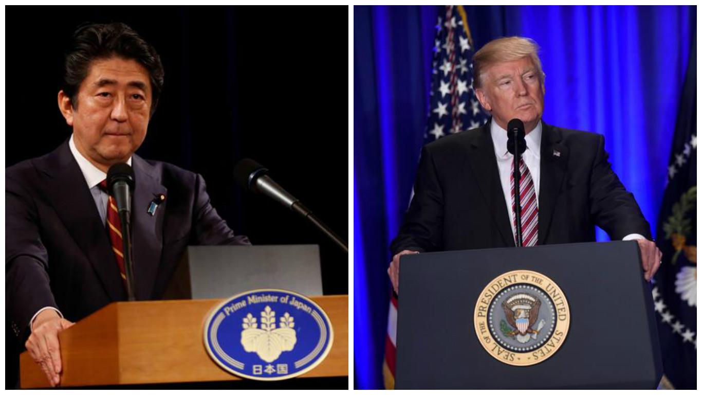 Left: Japan's Prime Minister Shinzo Abe speaks at a news conference in Hanoi, Vietnam January 16, 2017; Right: U.S. President Donald Trump speaks during the 2017 "Congress of Tomorrow" Joint Republican Issues Conference in Philadelphia, Pennsylvania, U.S.