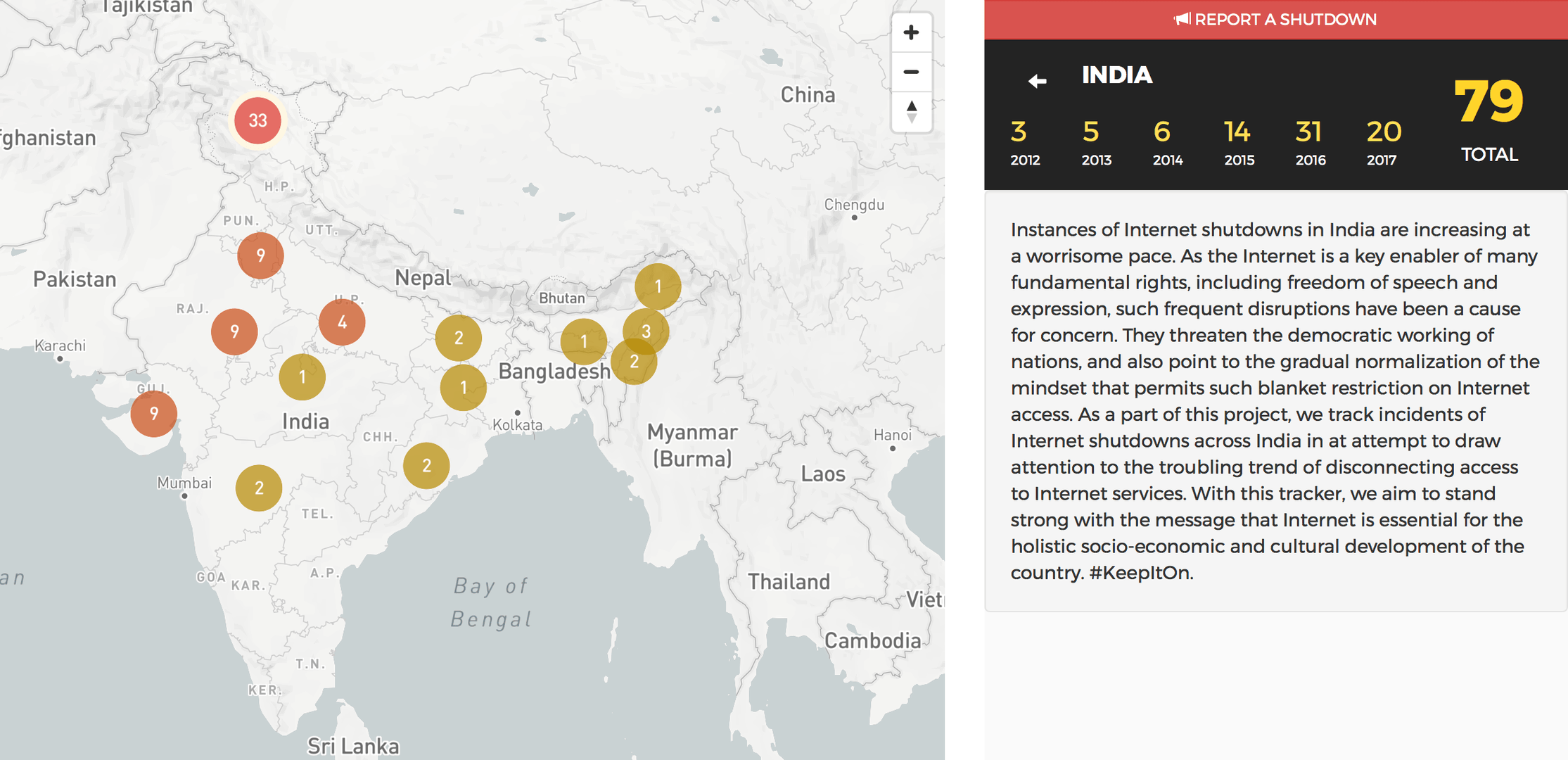 Indian authorities have shut down the internet 79 times since 2012, according to the Software Freedom Law Centre’s Internet Shutdown Tracker. 