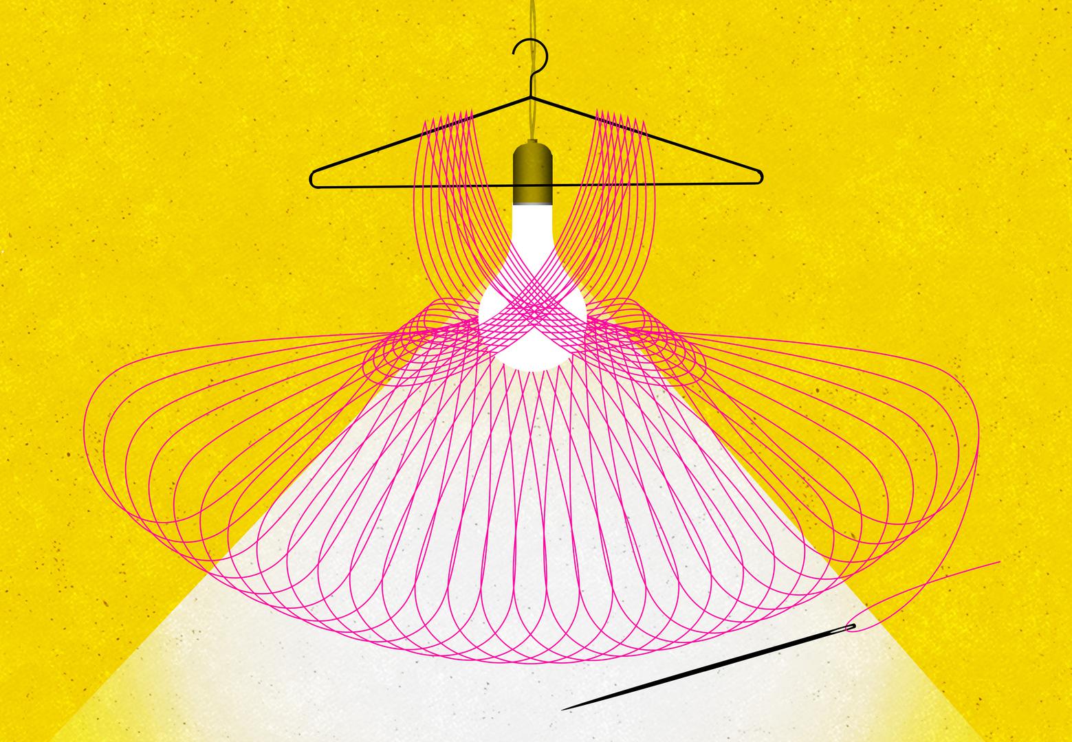 Illustration of  a dress,thread, and needle around a lightbulb. 