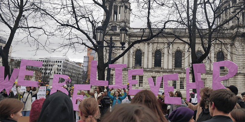 A rally held in support of the woman at the centre of the Belfast rape trial in which all four defendants including Paddy Jackson and Stuart Olding were acquitted of all charges, Belfast, March 31, 2018.