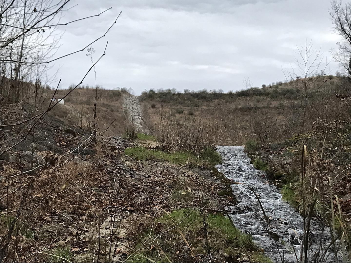 A valley fill with rocks replacing the buried streambed in the background and the surviving stream in the foreground