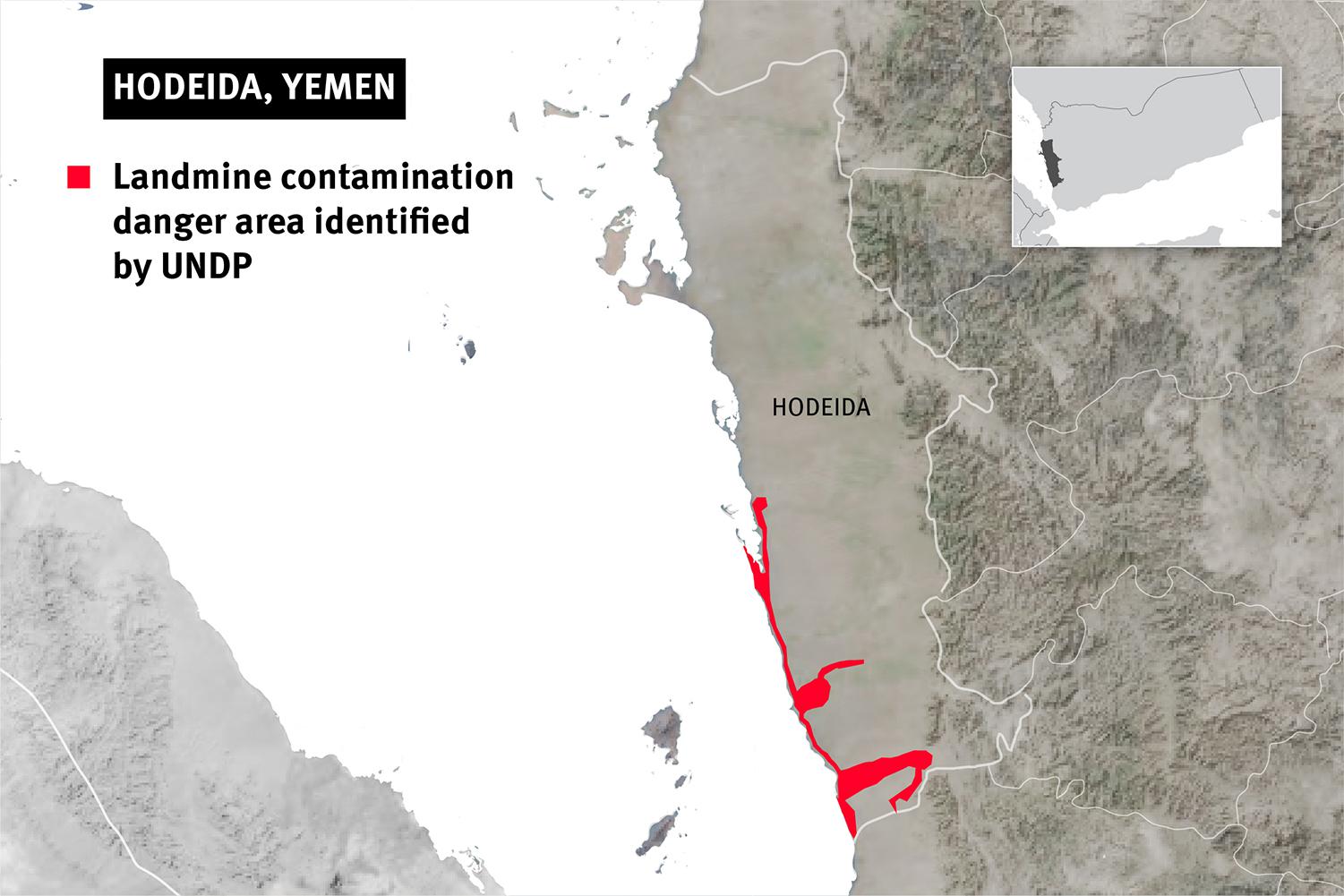 Map showing landmine contamination danger area identified by UNDP. The map is indicative only, as hazardous areas are not precisely known and these maps need to be updated regularly.