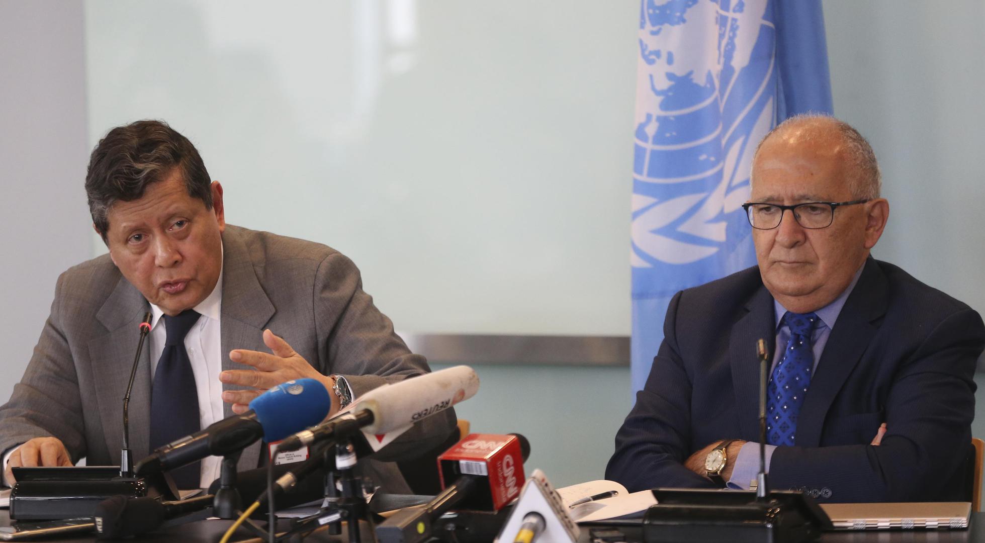 Marzuki Darusman and Christopher Sidoti, chair and member of the UN Fact-Finding Mission on Myanmar, speak at a press conference in Jakarta, Indonesia, August 5, 2019.