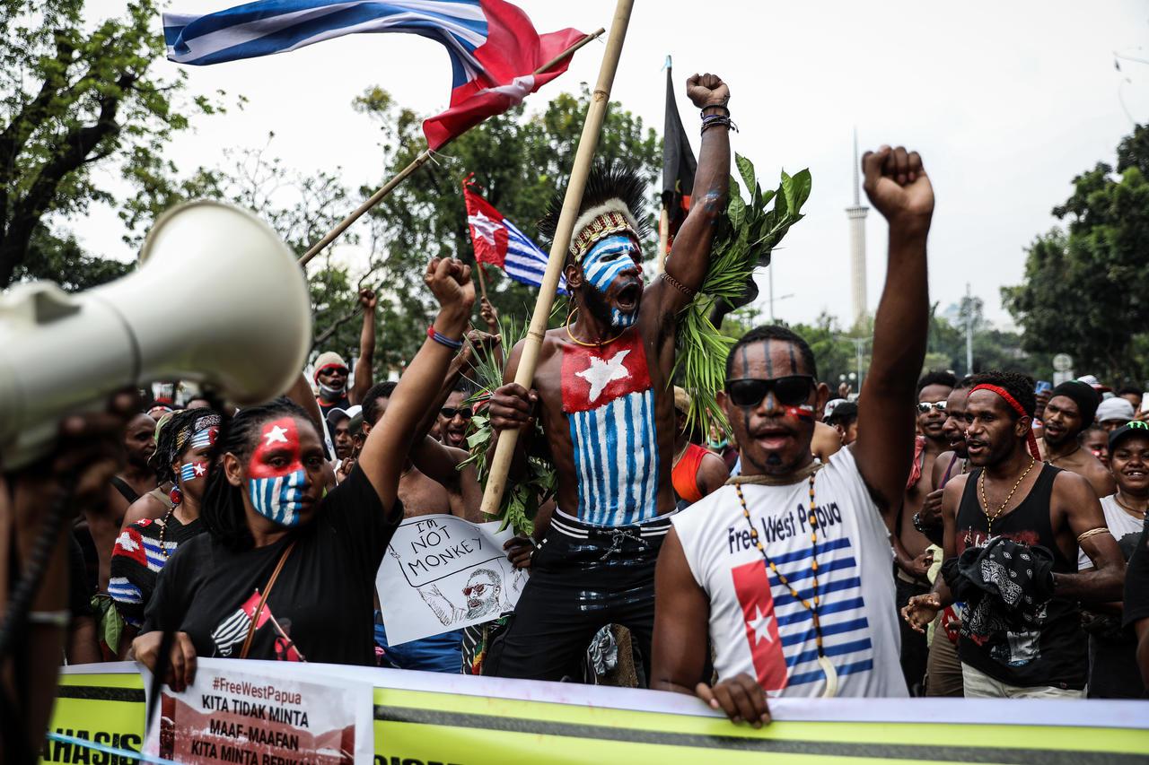 Papuan students shout slogans during a rally in Jakarta, Indonesia on August 28, 2019. Students and activists gathered for a protest supporting West Papua, calling for independence from Indonesia, and demanding racial justice in Surabaya, East Java. 