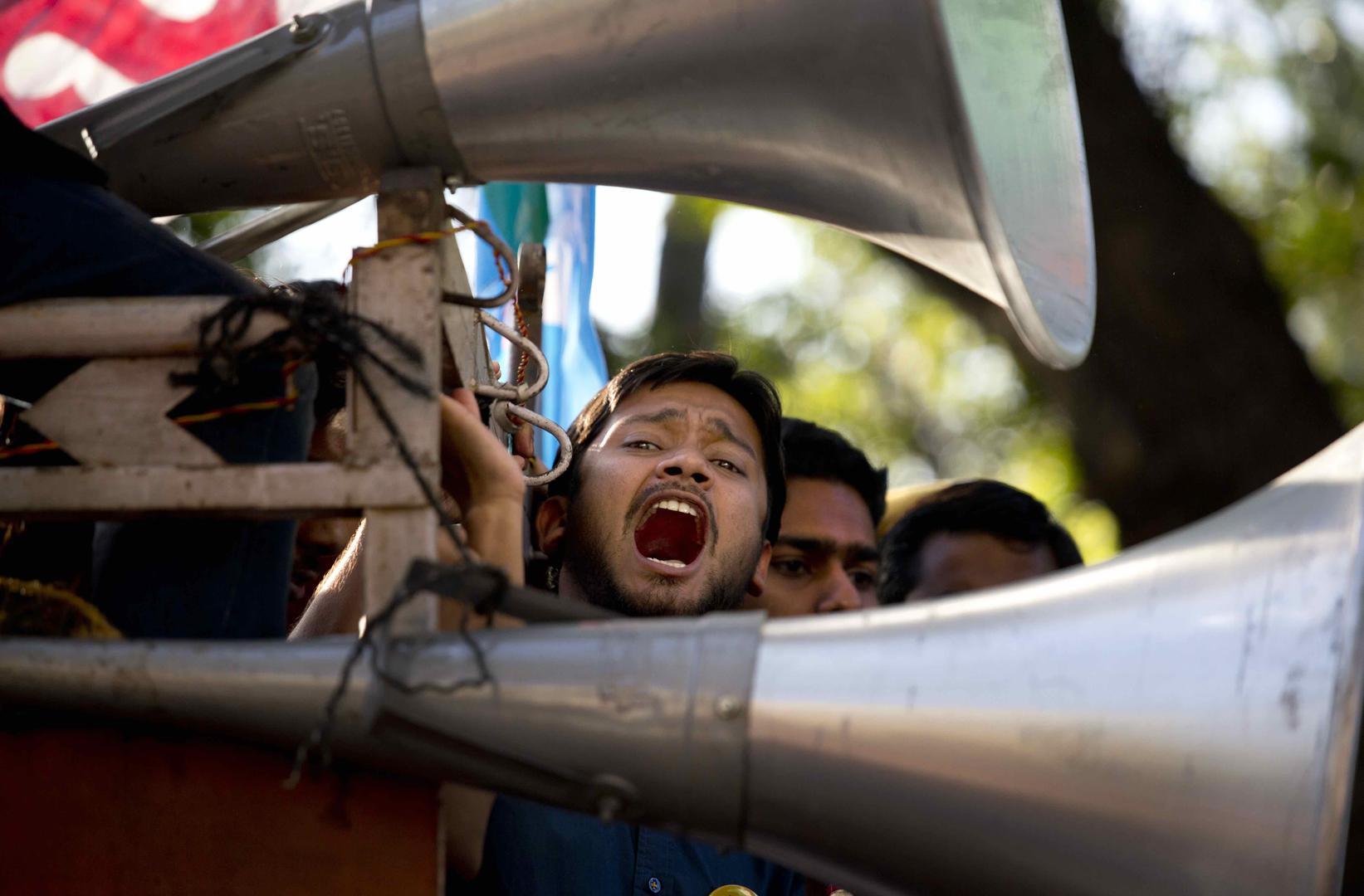 Students march to the Parliament House to demand the release of fellow students arrested for sedition, New Delhi, India, March 15, 2016.