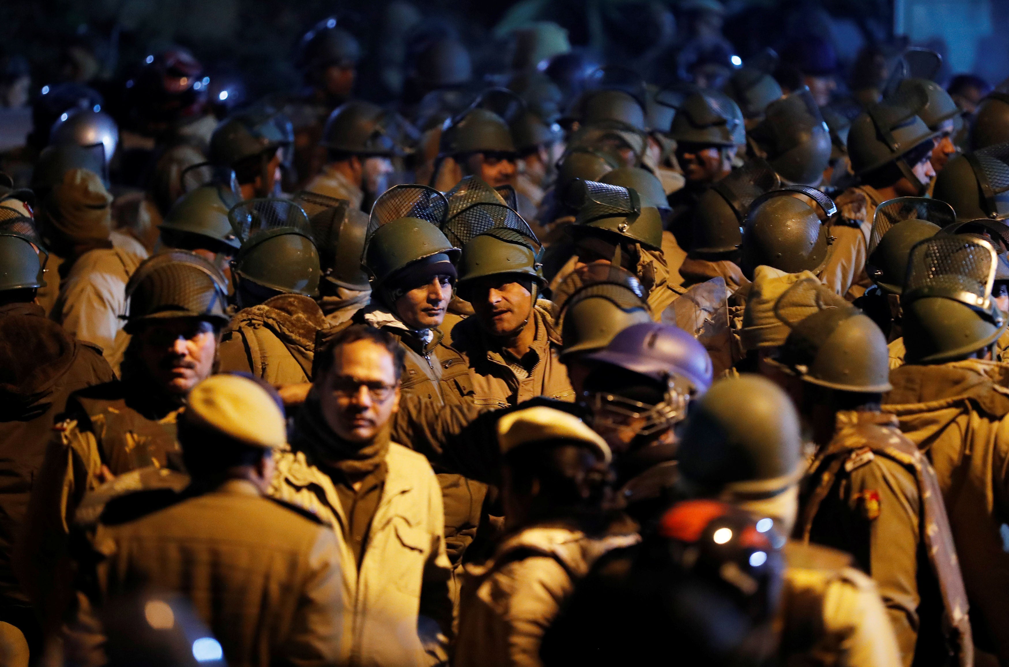 Police stand guard inside the Jawaharlal Nehru University after violence inside the campus, New Delhi, India, January 5, 2020. REUTERS/Adnan Abidi