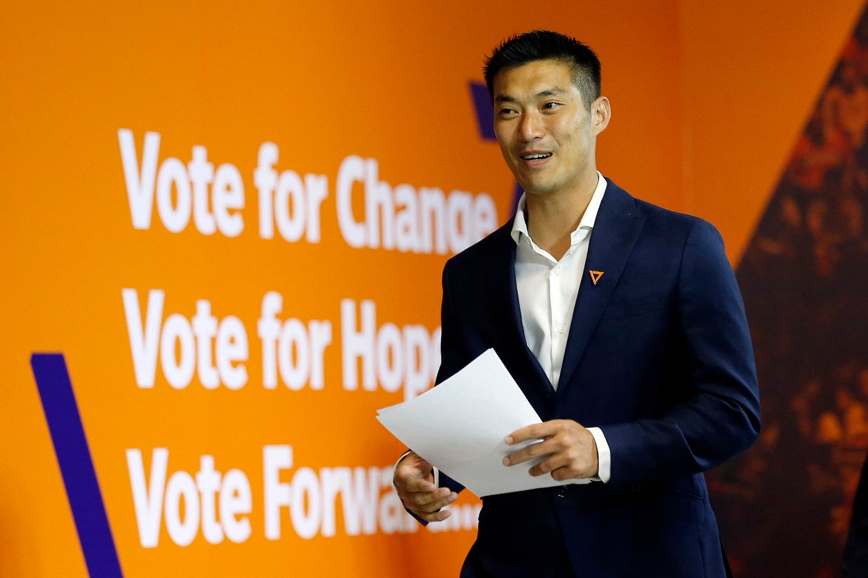Future Forward Party leader Thanathorn Juangroongruangkit arrives for a press conference at the party's headquarters in Bangkok, Thailand, Monday, March 25, 2019.