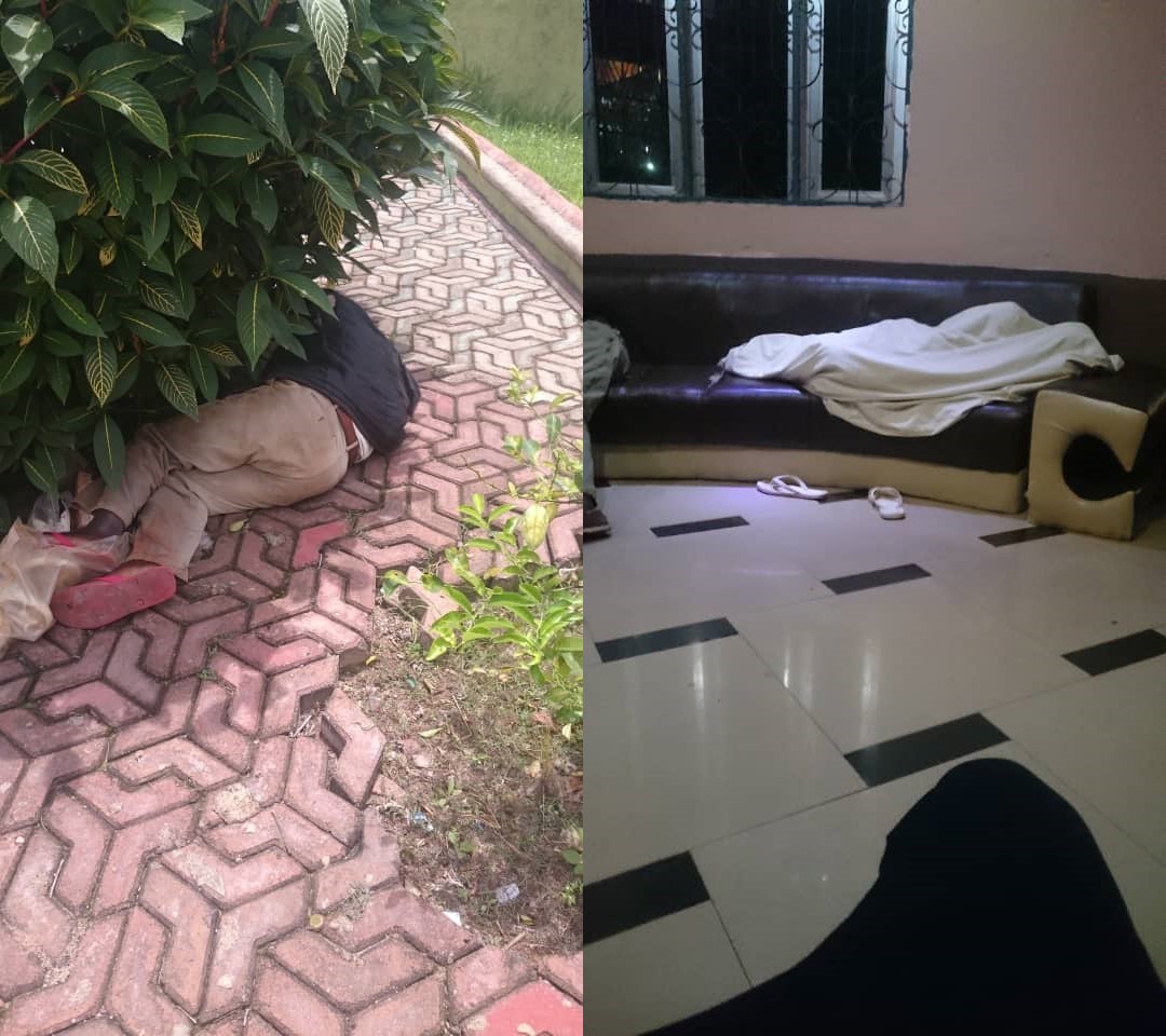 Les gens dorment dans la cour et la réception de l’hôtel Palais de Nazareth, un site de quarantaine improvisé et surpeuplé à Kobero, dans la province de Muyinga, au Burundi, les 26 et 27 mars 2020.