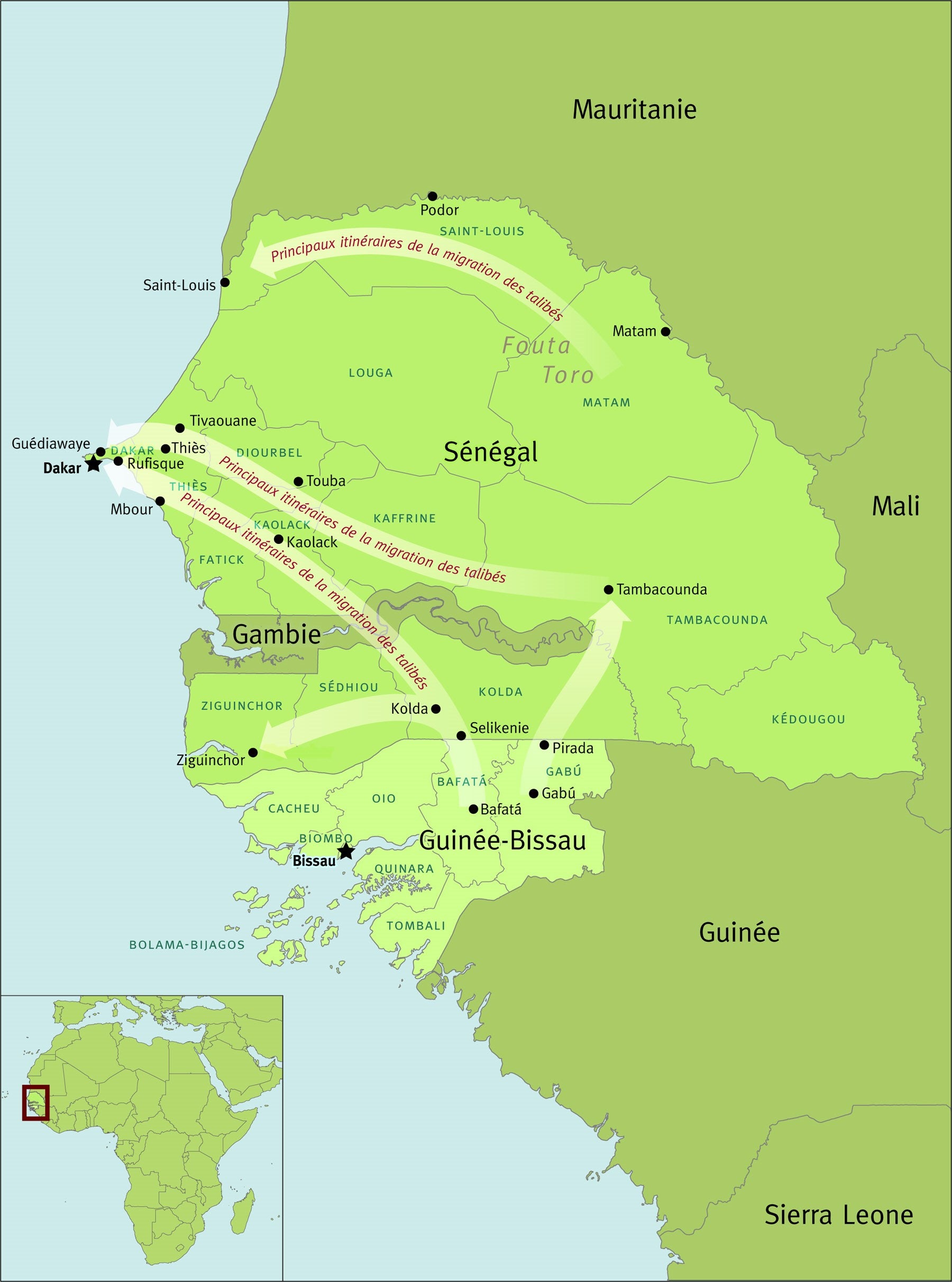 Les principaux itinéraires, au Sénégal et en Guinée-Bissau, de la migration des talibés – des élèves d’écoles coraniques les soumettant à la mendicité forcée.  