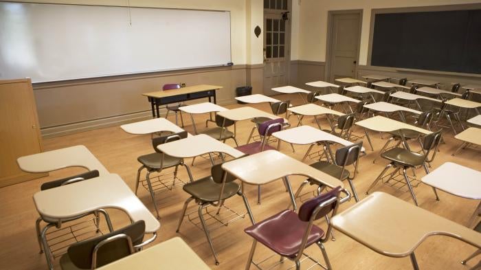 Desks in an empty classroom