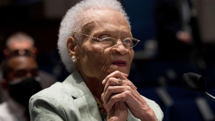 Viola Fletcher, the oldest living survivor of the Tulsa race massacre, testifies at a hearing before the United States House of Representatives in Washington, DC, on May 19, 2021.