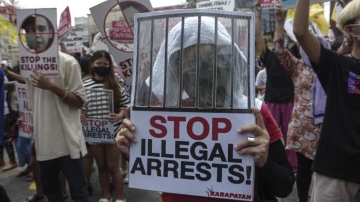 Progressive groups protest during the inauguration of Ferdinand Marcos Jr. as president of the Philippines, in Manila, June 30, 2022.
