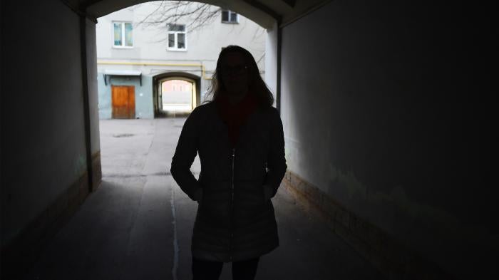A Russian transgender woman walks in Saint Petersburg on April 12, 2019. 