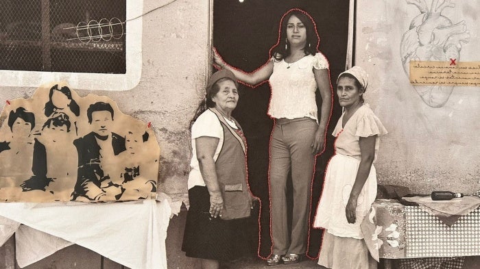 a portrait of Sandra R., a transgender woman, with two family members