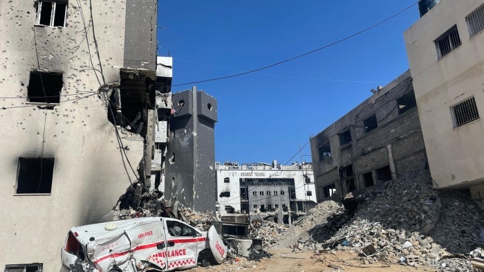 Extensive damage and destruction, as of February 2025, to al-Shifa medical complex, which Israeli forces raided in November 2023 and March 2024.