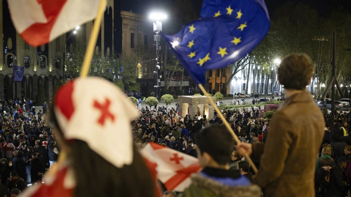 Protestors outside of Georgia’s parliament in support of those arrested at a pro-EU rally earlier, Tbilisi, Georgia, April 8, 2025.