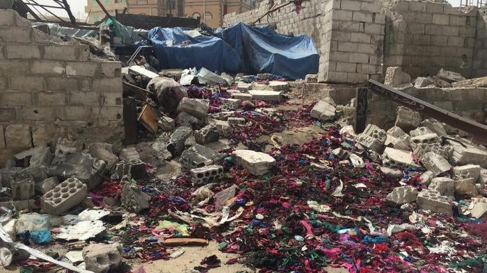 Seventeen workers remained inside the Middle East Workshop for Sewing and Embroidery when coalition aircraft bombed it on February 14, 2016. One died and four sustained injuries. © 2016 Belkis Wille/Human Rights Watch