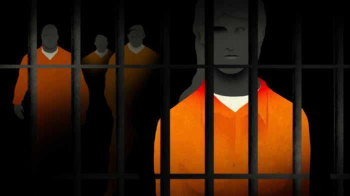 An illustration depicts a transgender woman housed in a men's immigration detention facility.