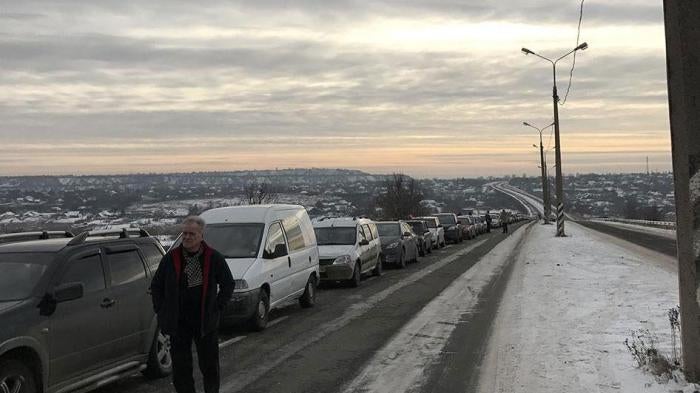 Civilians waiting at the Novotroitske crossing point in the government-controlled Donetsk region, December 21, 2016.