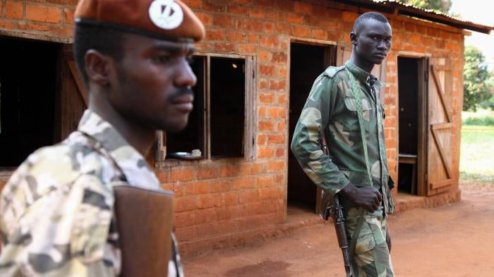 UPC fighters outside a kindergarten in Ngadja, Ouaka province. The fighters have used the building as a base since October 2014. 