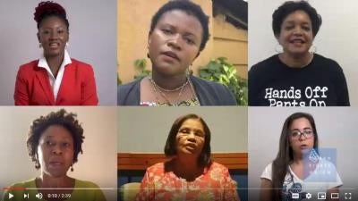 Les six activistes des droits des femmes qui s’expriment au sujet de #MeToo, dans une vidéo diffusée par HRW à l’occasion du 2ème anniversaire de ce mouvement. En haut (de gauche à droite) : Toufah Jallow (Gambie), Rosebell Kagumire (Ouganda), Roushanda W