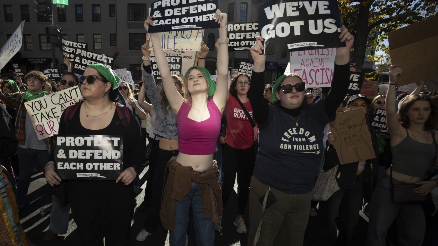 Hundreds demonstrate for reproductive rights outside the Heritage Foundation following Donald Trump’s election as US president, Washington, DC, November 9, 2024. The Heritage Foundation is a conservative think-tank responsible for Project 2025, a plan for the incoming administration that raises numerous rights concerns.