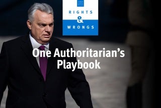 Viktor Órban looks away from camera, under logo and episode title. 