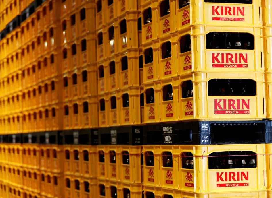 Plastic crates containing Kirin brand beer at the Kirin Brewery Co. factory in Yokohama, Japan, June 2019. 