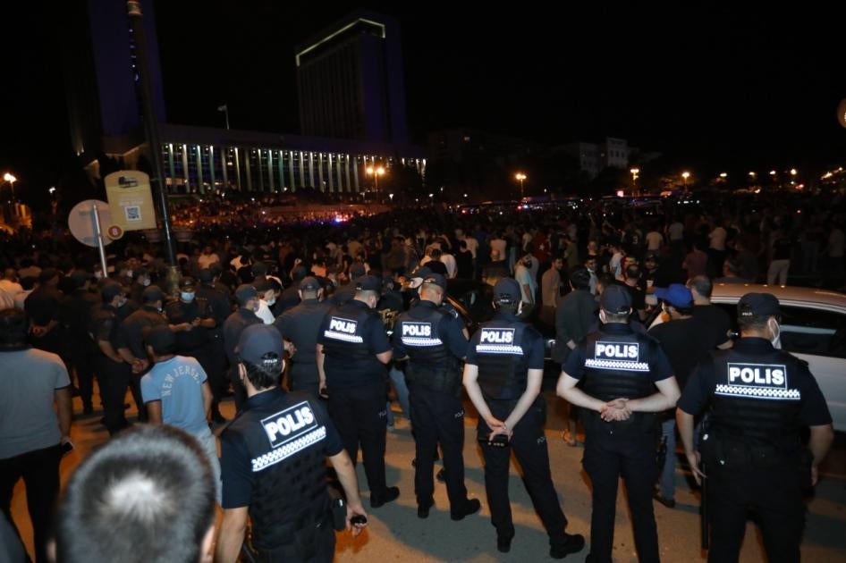 Rally participants gather in front of the parliament building, Baku, Azerbaijan, July 14, 2020.