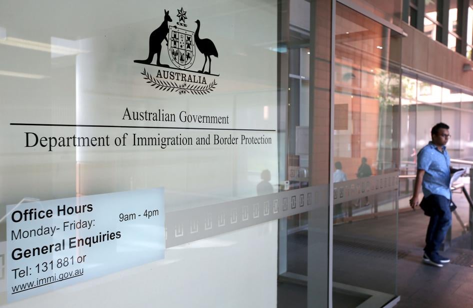 A man leaves the Department of Immigration and Border Protection offices in Sydney, Thursday, April 20, 2017.  