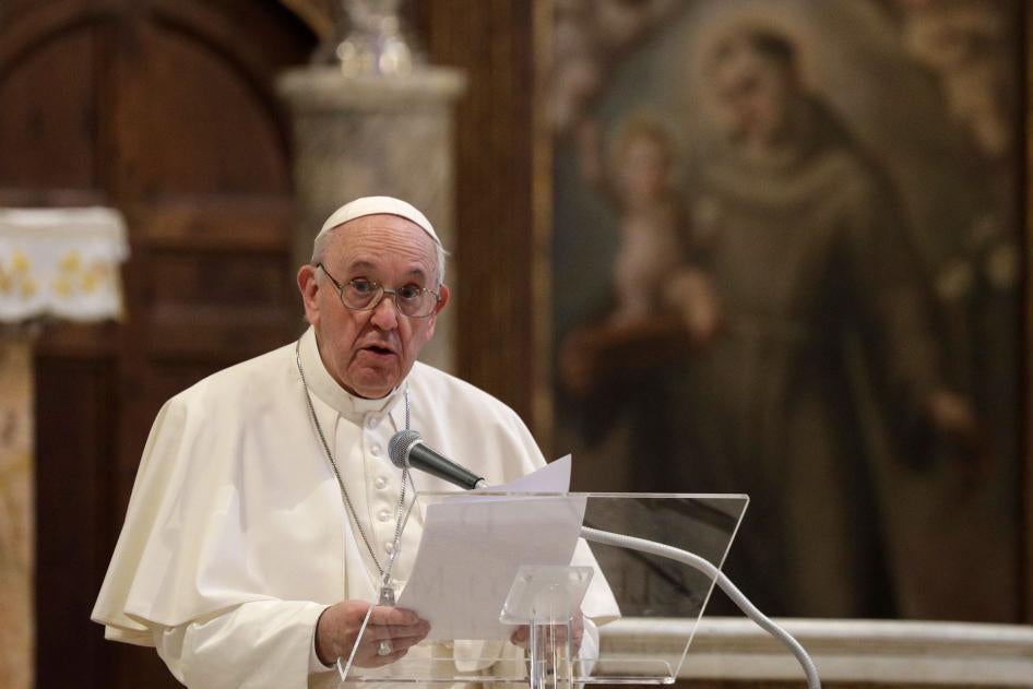 Pope Francis attends a inter-religious ceremony for peace in the Basilica of Santa Maria in Aracoeli, in Rome, October 20, 2020. 