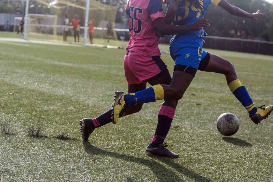 Residents of the Centre Technique National in Croix-des-Bouquets play in a match on May 12, 2020. Earlier this year, survivors and family members accused Haitian Football Federation president, Yves Jean-Bart, of raping young female players at the center and subjecting them to other abuses. 