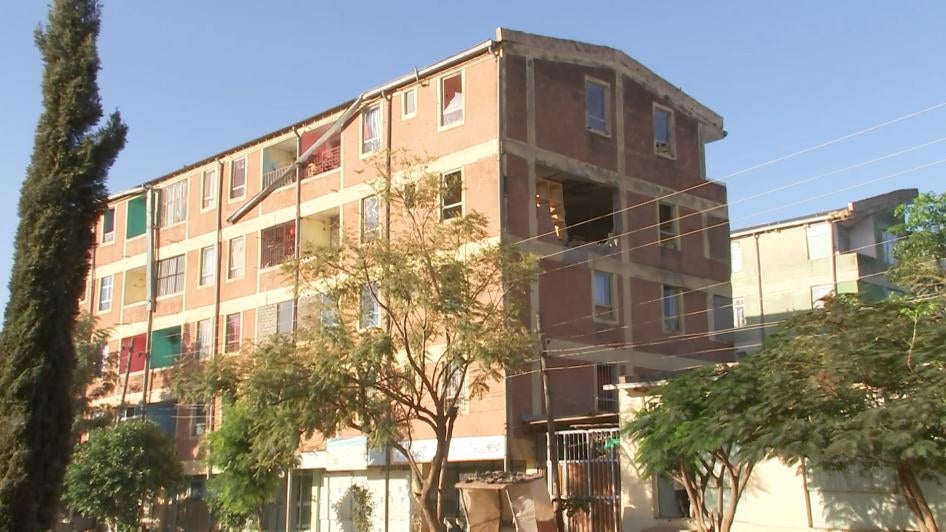 Damage to wall of an apartment building in Shire, Tigray region.