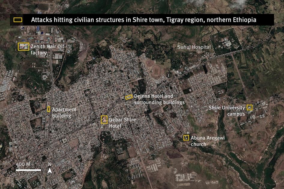 Location of attacks striking on or near civilian structures documented by Human Rights Watch in Shire, Tigray region, Ethiopia. 