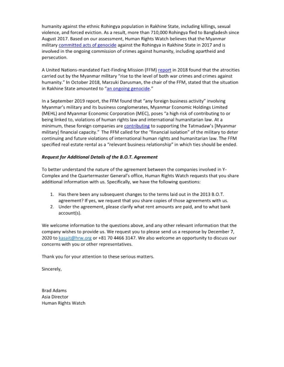 Letter to Ayeyar Hinthar by Human Rights Watch