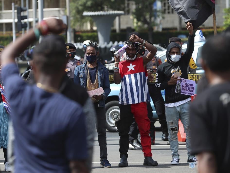 Supporters of West Papua shout slogans during a rally in Jakarta, Indonesia on December 1, 2020. 